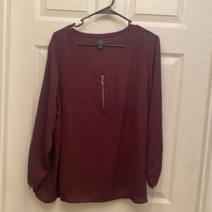 Worthington Burgundy Zip-Front V-Neck Blouse